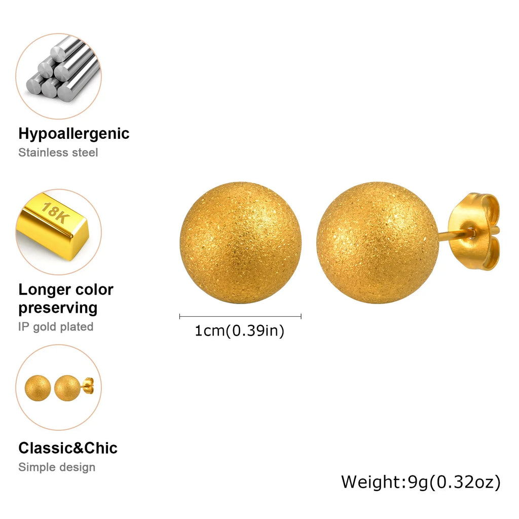 Gold Plated Stainless Steel Stud Earrings Set | 10mm 8mm 6mm Round Ball Earrings for Women