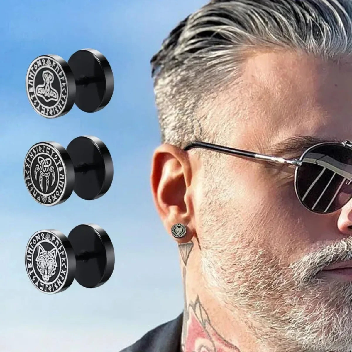 Gothic Norse Viking Runes Stud Earrings for Men | Stainless Steel Punk Jewelry