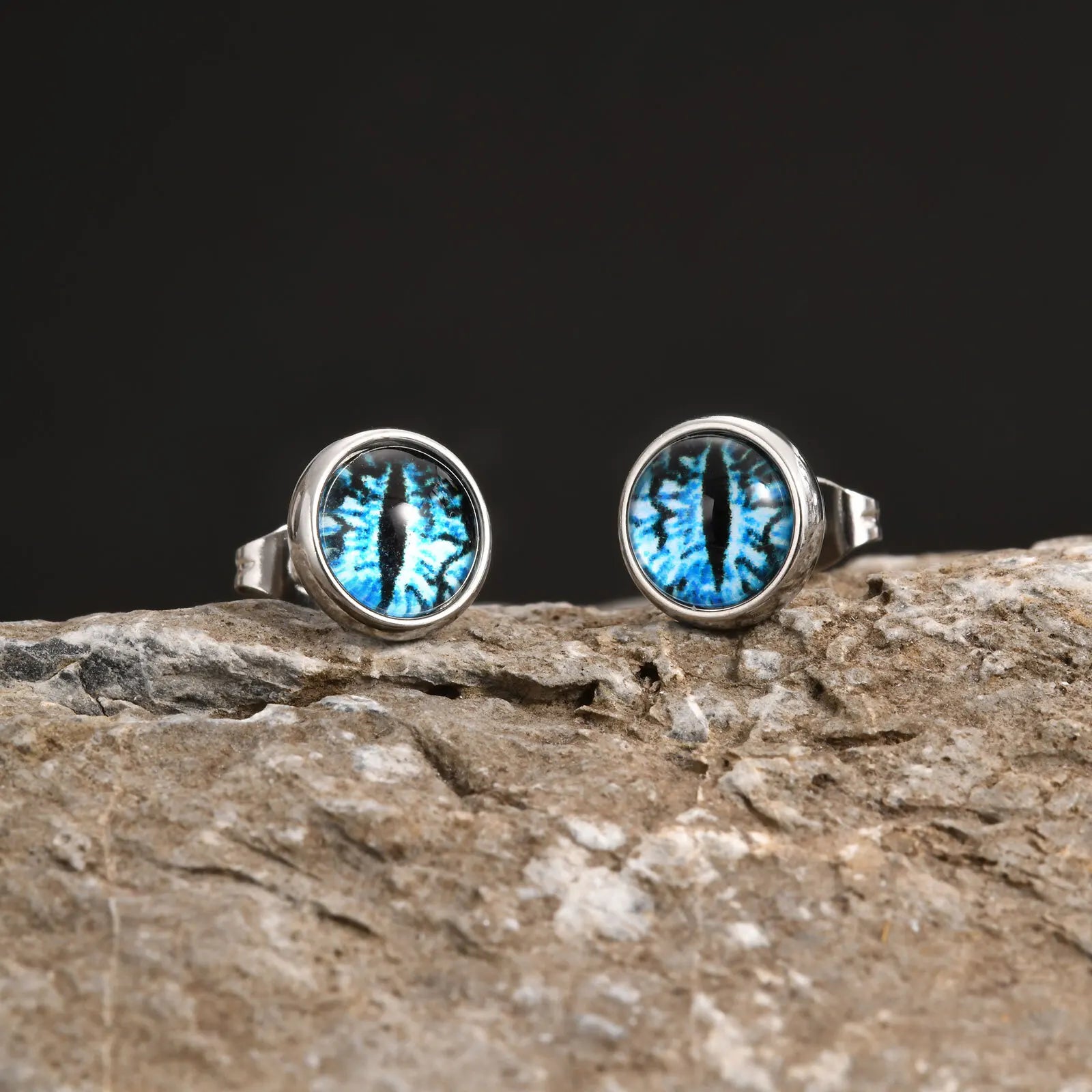 Blue Devil Eye Stud Earrings for Men | Stainless Steel Gothic Round Earrings