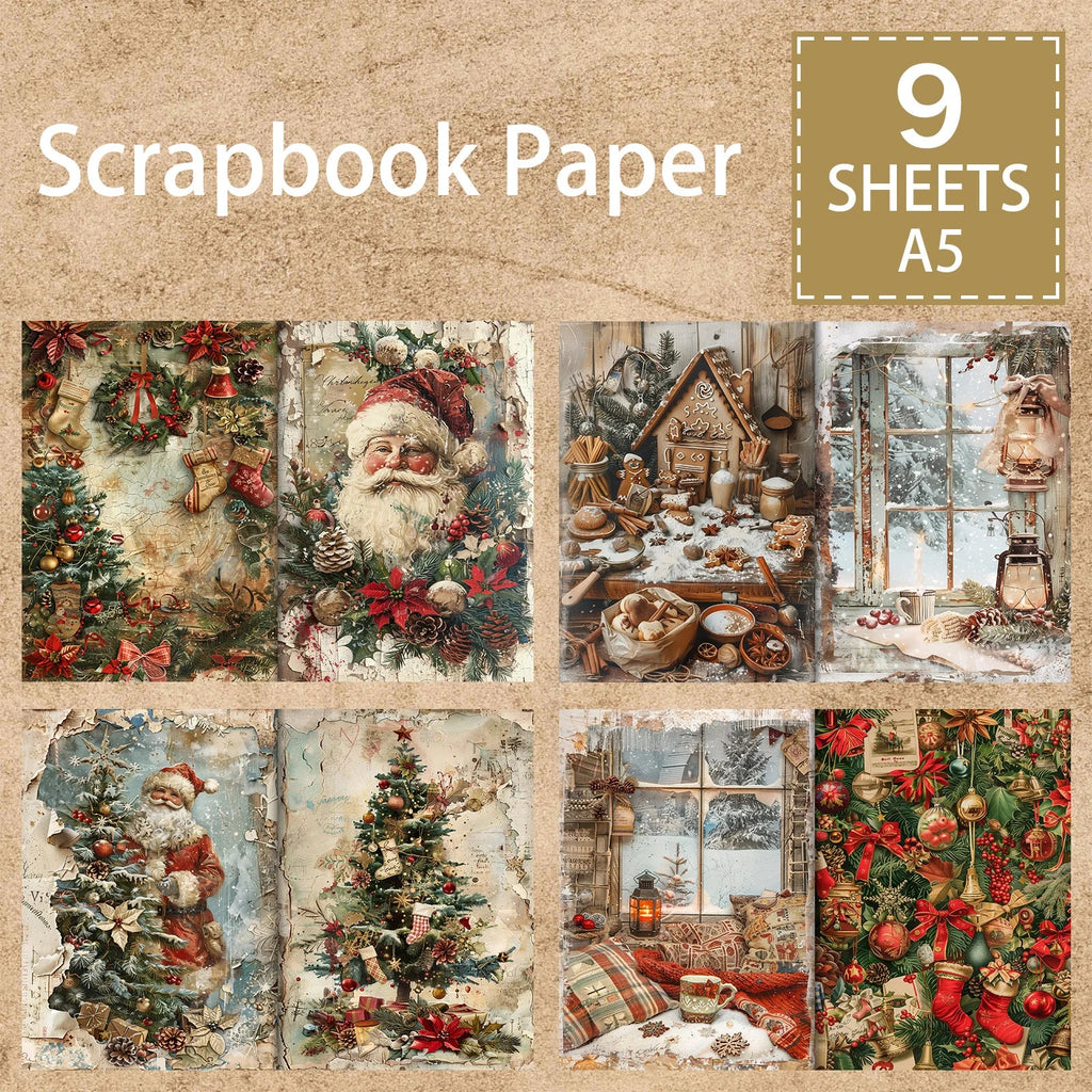 9 Sheets A5 Christmas Retro Santa Girl Vintage Grunge Paper Pack | Scrapbooking Journal Planner