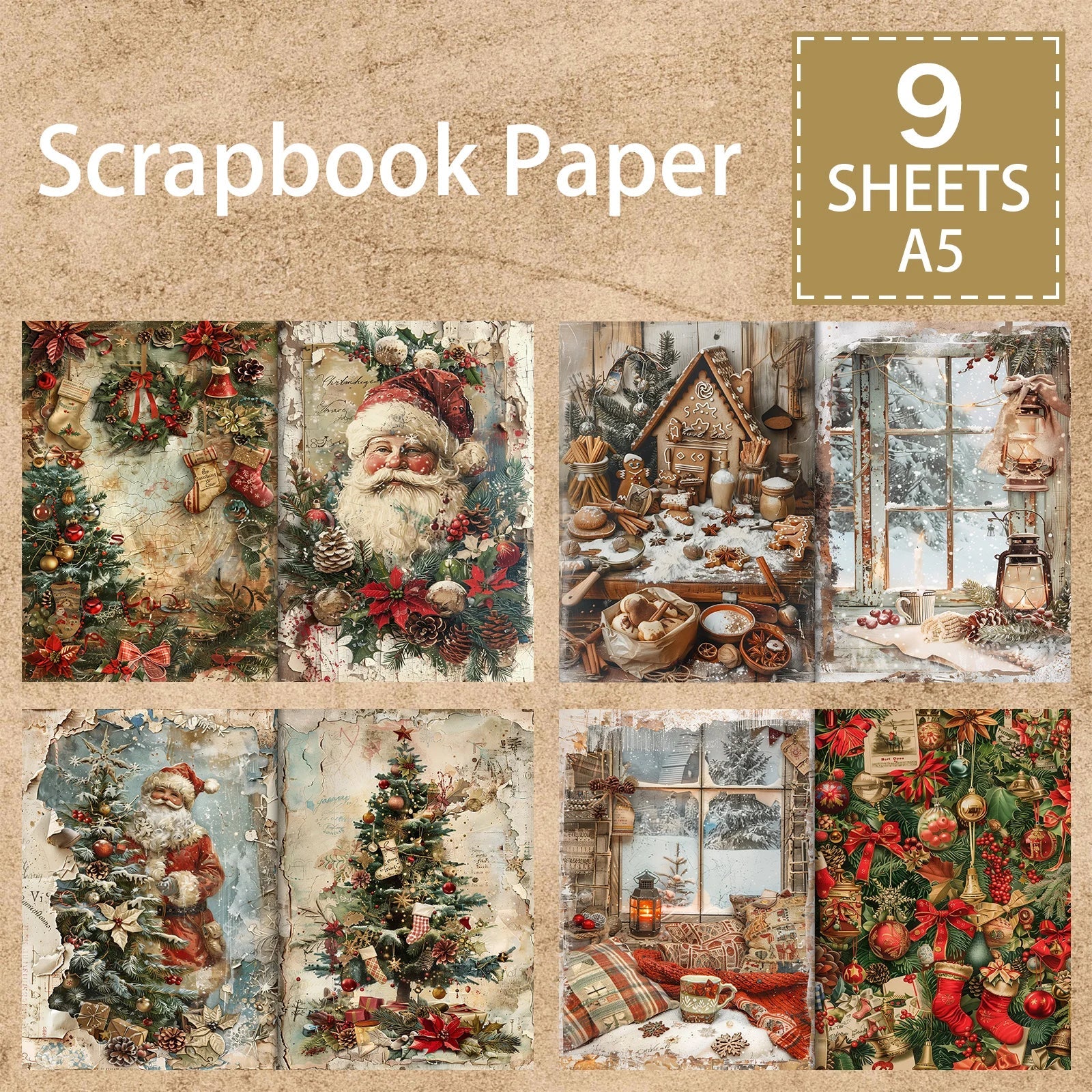 9 Sheets A5 Christmas Retro Santa Girl Vintage Grunge Paper Pack | Scrapbooking Journal Planner