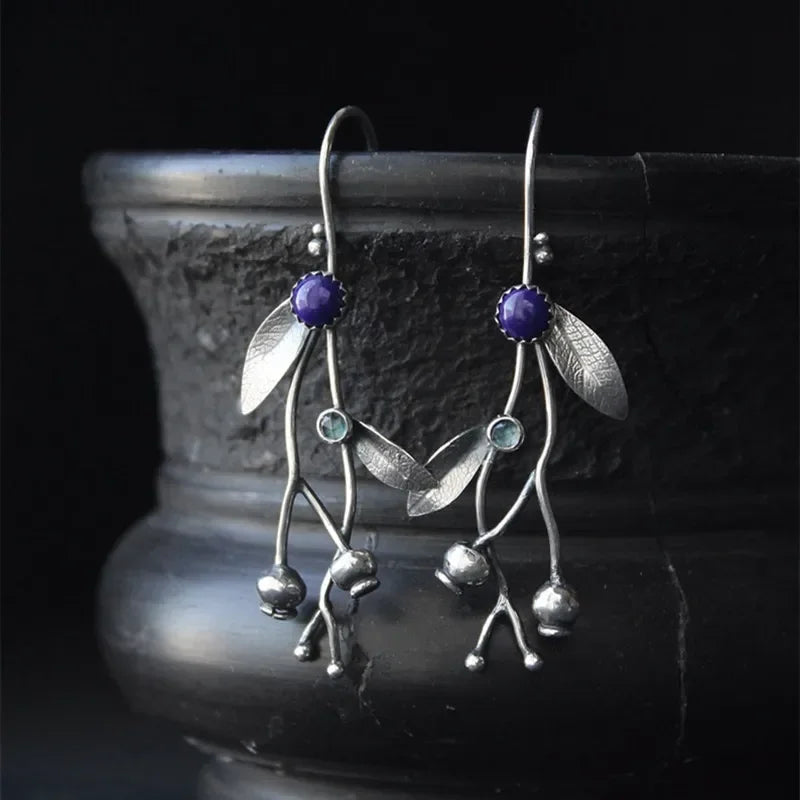 Silver blueberry earrings | Elven style botanical drop earrings