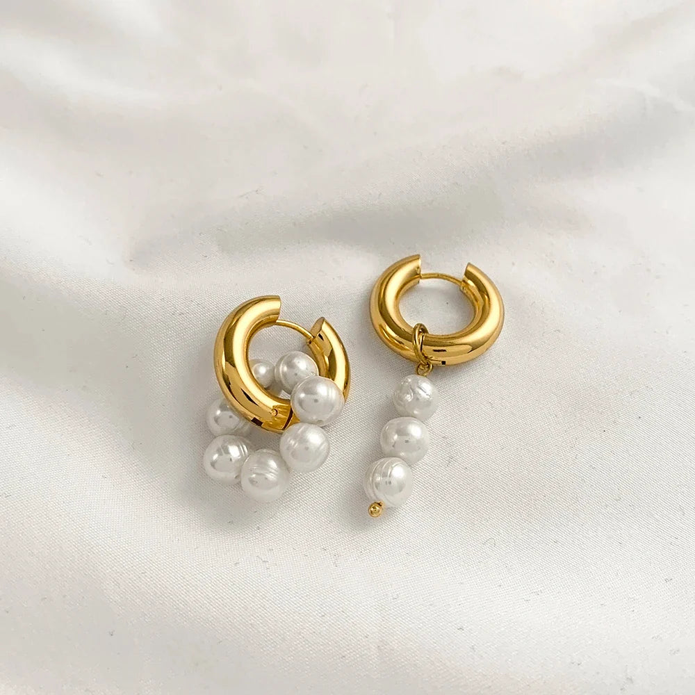 Trendy Asymmetry Pearl Drop Earrings | Stainless Steel Huggie Hoops for Women