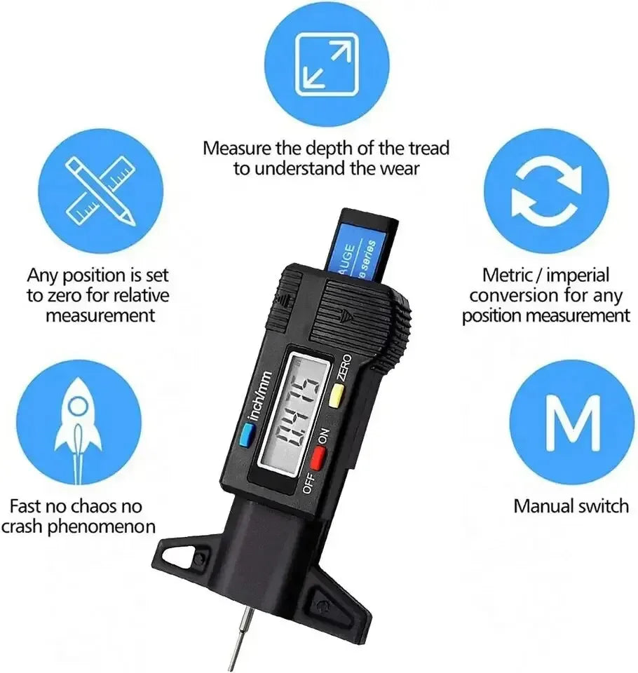 Digital Tire Tread Depth Gauge | 0-25mm LCD Caliper Tool