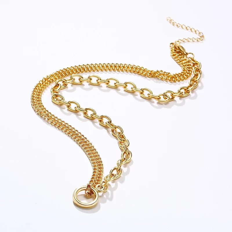 Oval Cable Link With Double Cuban Chain Necklace | Stainless Steel Fashion Open Circle Pendant