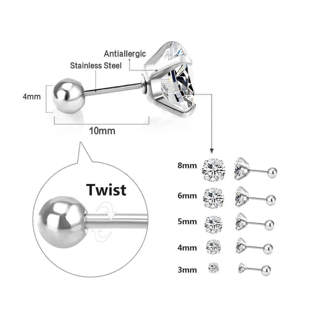 LUXUSTEEL Stainless Steel Round Cubic Zirconia Stud Earrings | Silver Screw-Back Earrings for Women