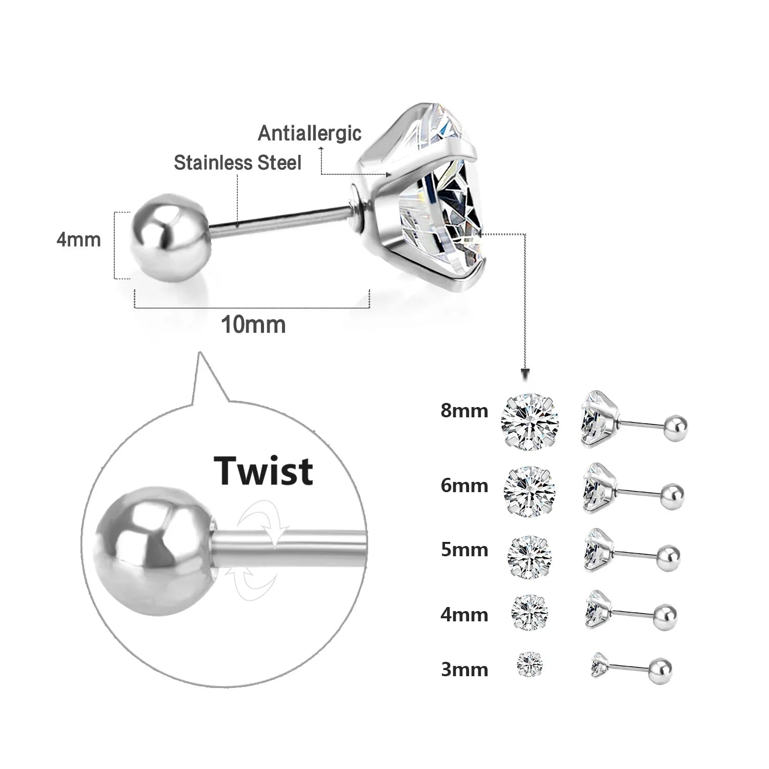LUXUSTEEL Stainless Steel Round Cubic Zirconia Stud Earrings | Silver Screw-Back Earrings for Women
