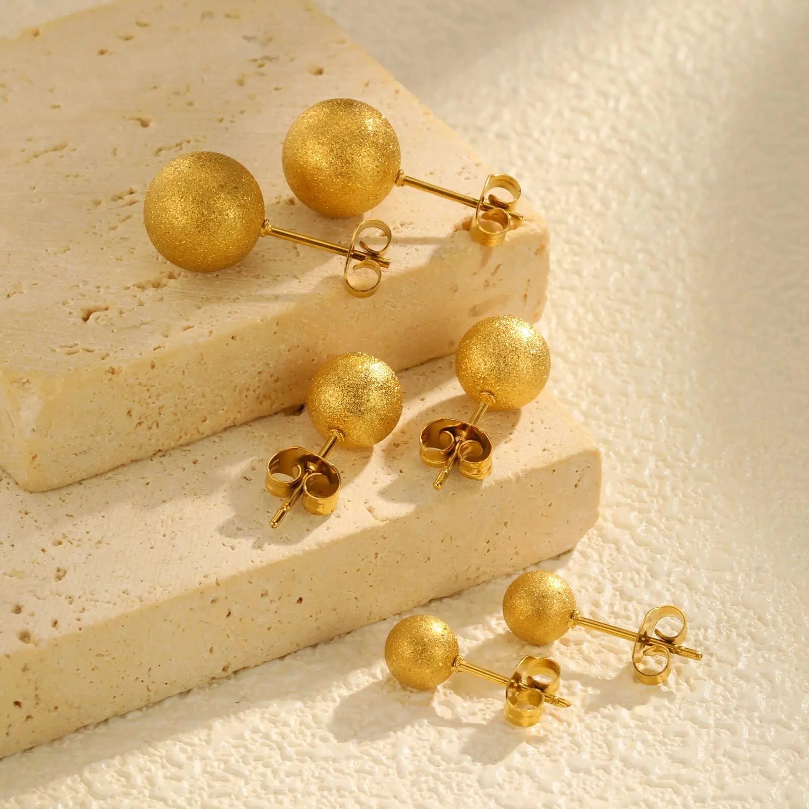 Gold Plated Stainless Steel Stud Earrings Set | 10mm 8mm 6mm Round Ball Earrings for Women