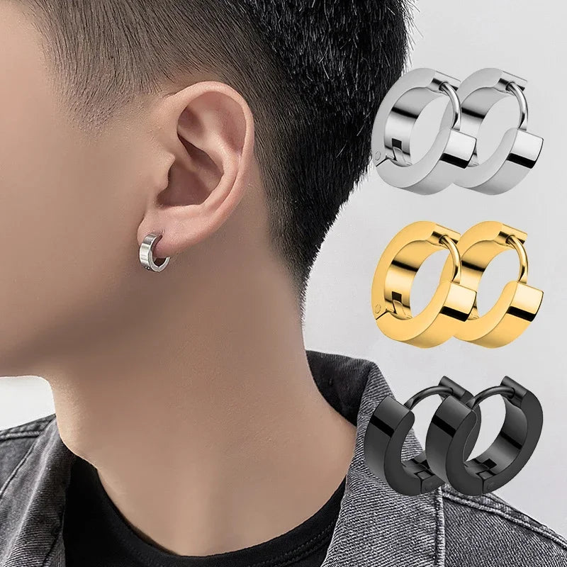 Unisex Punk Black Stainless Steel Hoop Earrings | Gothic Fake Earring Set