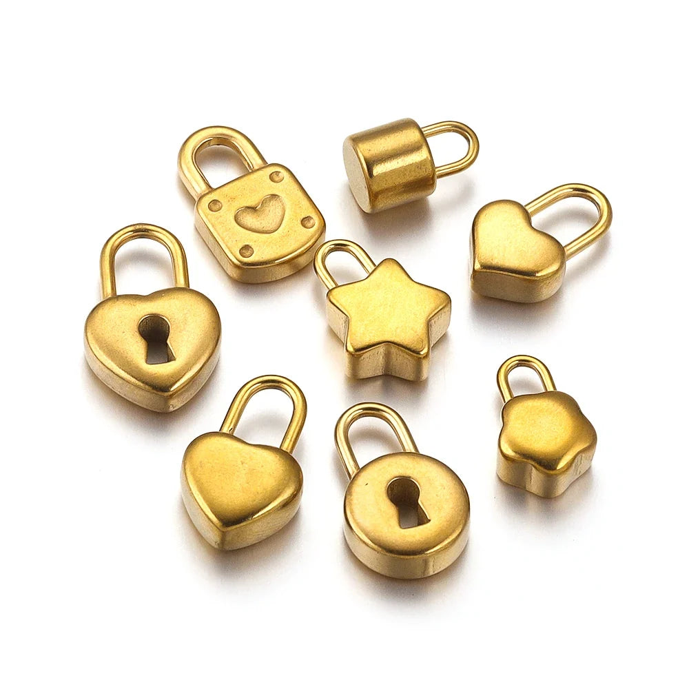Gold Plated Heart Lock Key Pendant Set | 5pcs Stainless Steel Charms for DIY Jewelry