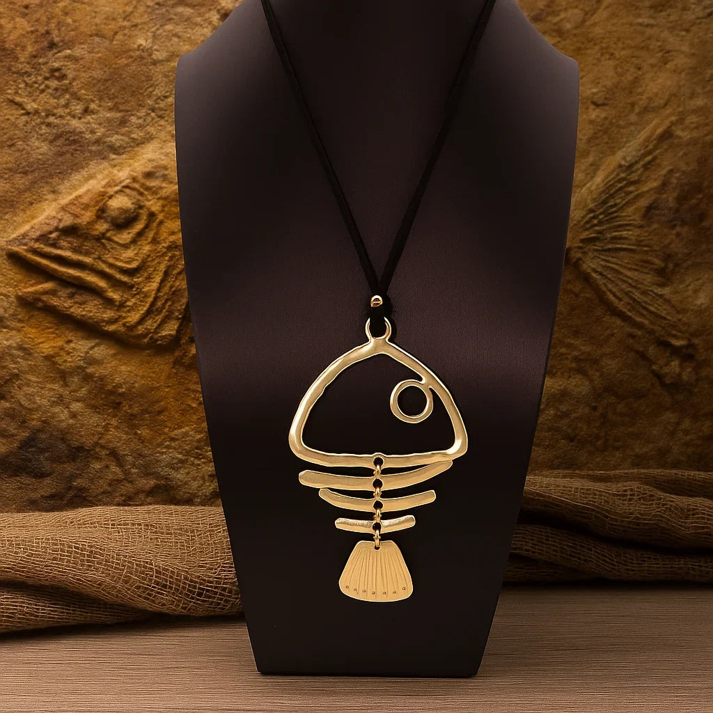 Matte Golden Fishbone Pendant Necklace | Bohemian Punk Long Chain for Women