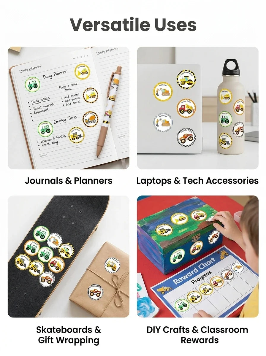1 Roll (500 Stickers) Cartoon Engineering Vehicle Sticker Set | Teacher Reward Labels