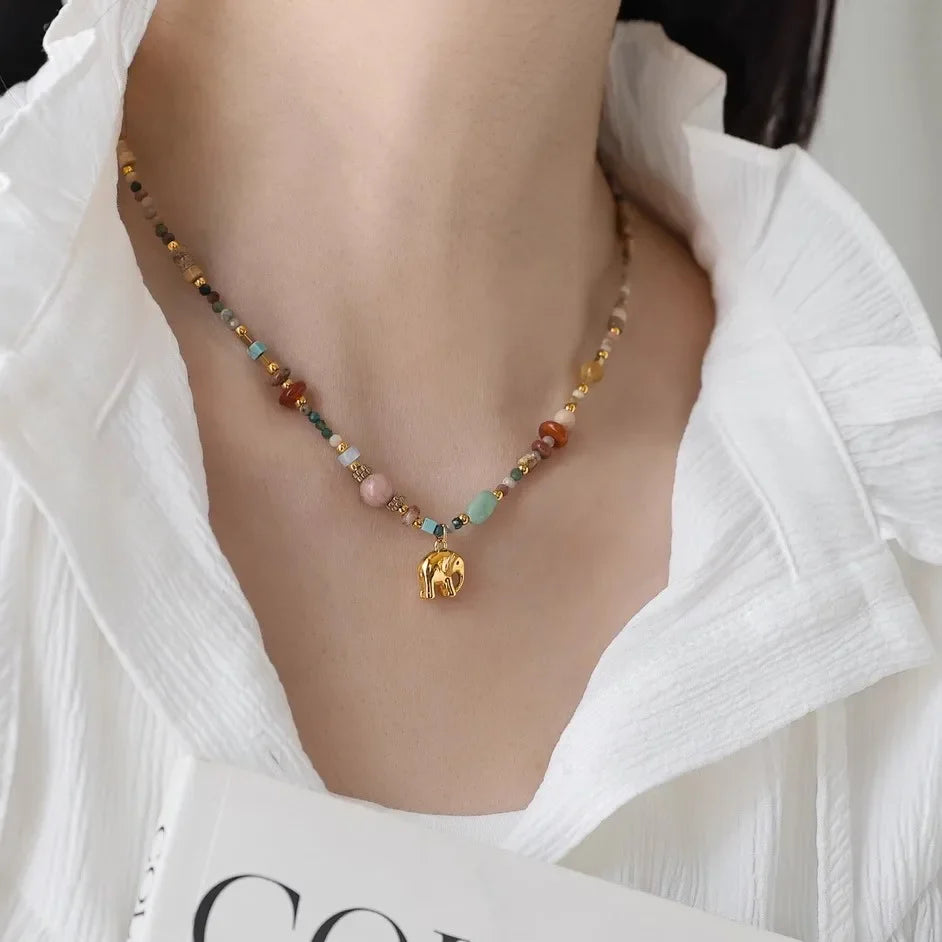 French Retro Natural Stone Pendant Necklace | Elegant Elephant Jewelry for Women