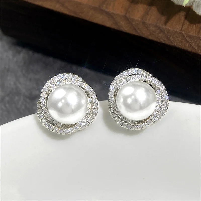 Huitan Sparkling Cubic Zirconia Imitation Pearl Stud Earrings | Silver Tone Fashion Jewelry for Women