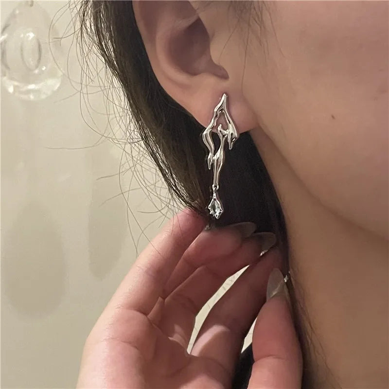 Liquid Metal Geometric Zircon Stud Earrings | Asymmetrical Jewelry for Women and Men