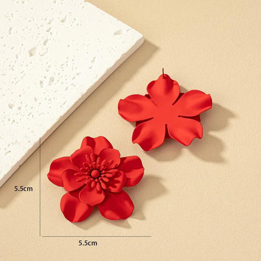 Obega Red Flower Stud Earrings | Bohemian Statement Metal Earrings for Women