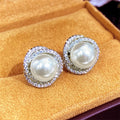 Huitan Sparkling Cubic Zirconia Imitation Pearl Stud Earrings | Silver Tone Fashion Jewelry for Women