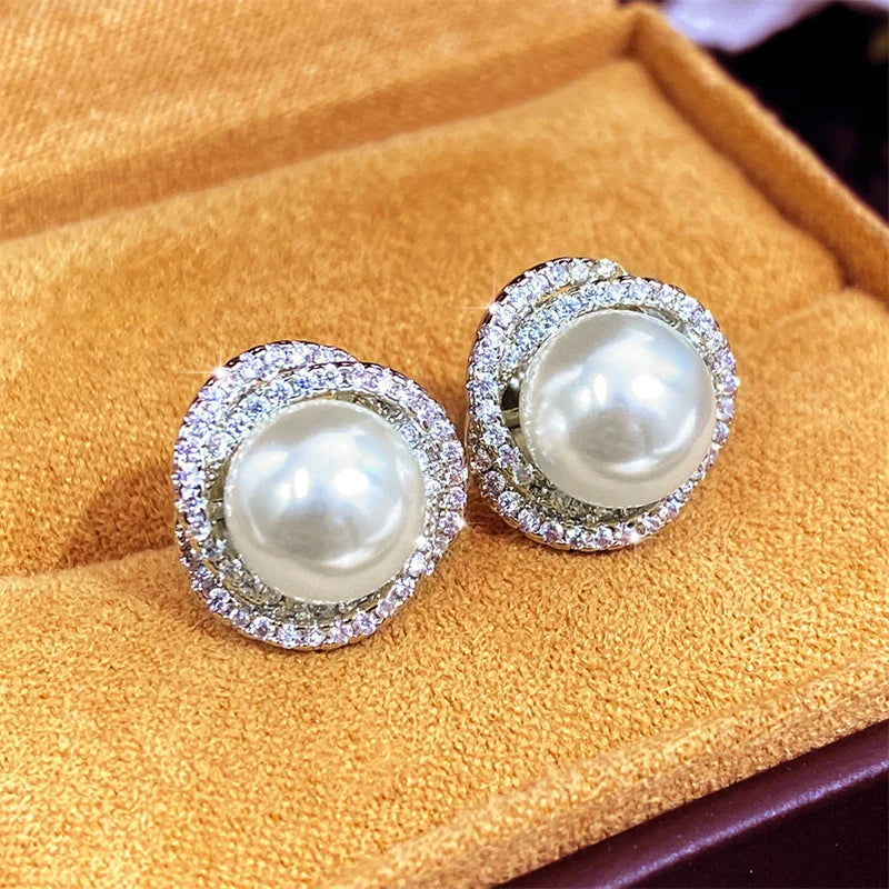 Huitan Sparkling Cubic Zirconia Imitation Pearl Stud Earrings | Silver Tone Fashion Jewelry for Women