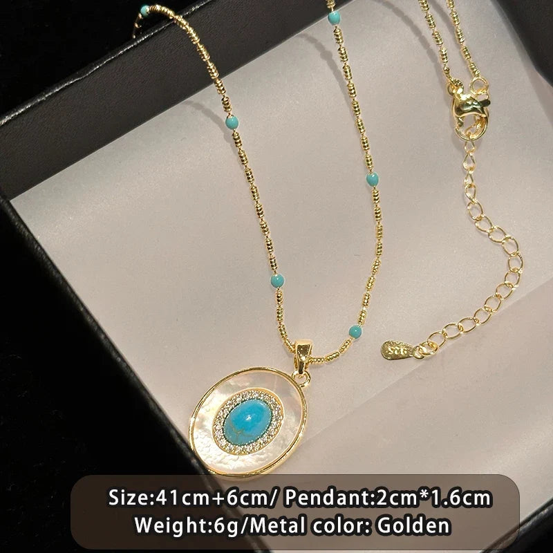 Natural Turquoise Oval Shell Pendant Necklace | Gold Chain Collarbone Jewelry