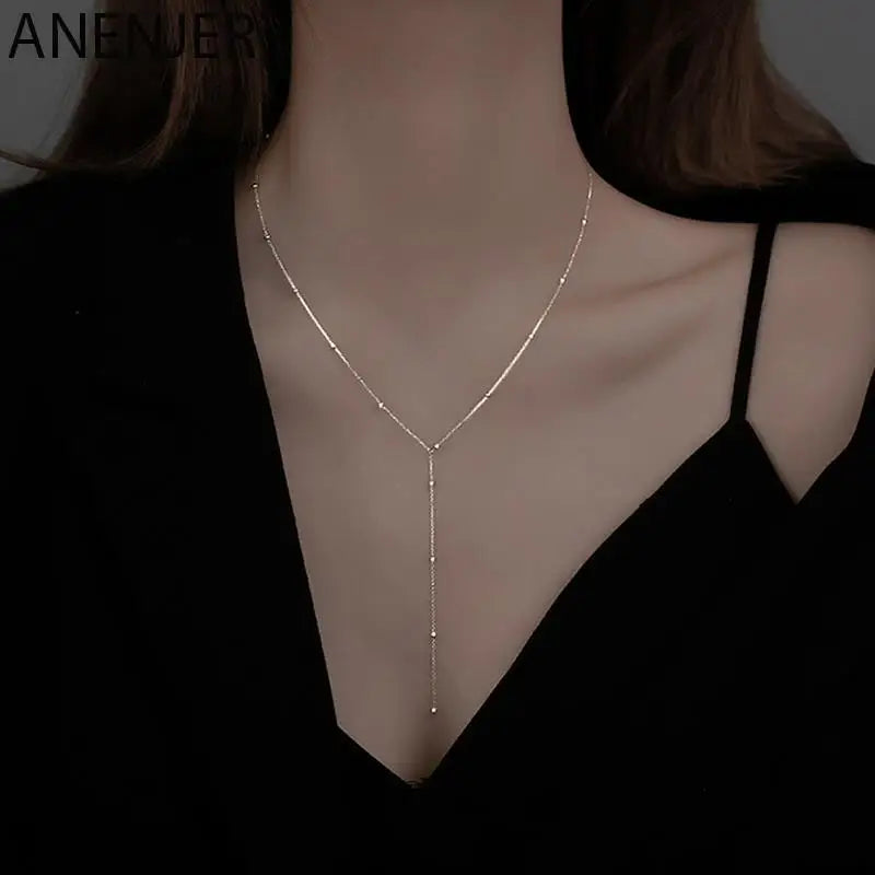 Silver Bead Chain Necklace | Simple Tassel Clavicle Chain for Women