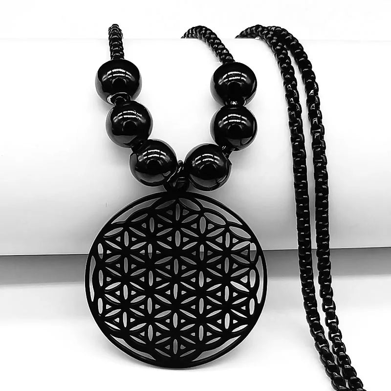 Sacred Geometry Flower of Life Necklace | Stainless Steel Mandala Pendant with Black Beads