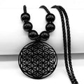 Sacred Geometry Flower of Life Necklace | Stainless Steel Mandala Pendant with Black Beads