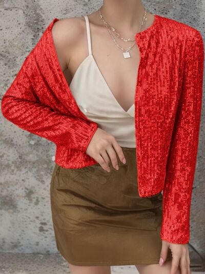 Elegant Women Full-Size Sequin Open Front Cropped Jacket With Glamorous Sparkle Luxury Women Party Jacket