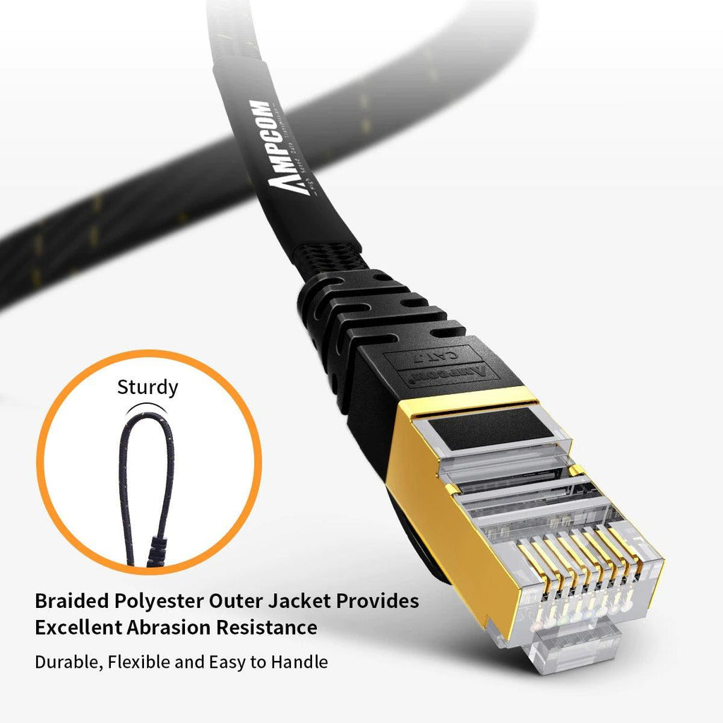 CAT7 Ethernet Cable 10G 600MHz Shielded Flat RJ45 Internet Network Patch Cord Fast LAN Wire Network Gold Plated Lead Polyester Braided For Gaming
