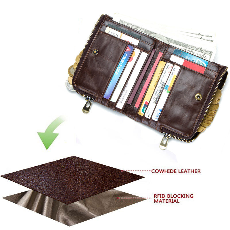 Anti-Theft Brush RFID Genuine Leather Men's Wallet Multifunctional Double Zipper Vertical Wallet Fashion Casual Coin Purse