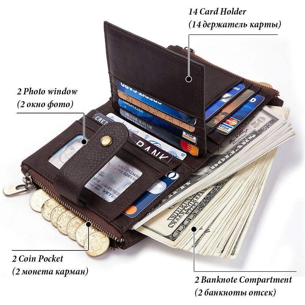 Anti-Theft Brush Wallet Leather Bag Multi-Function Buckle Zipper Retro Crazy Horse Cowhide Men's Bag Casual Coin Purse