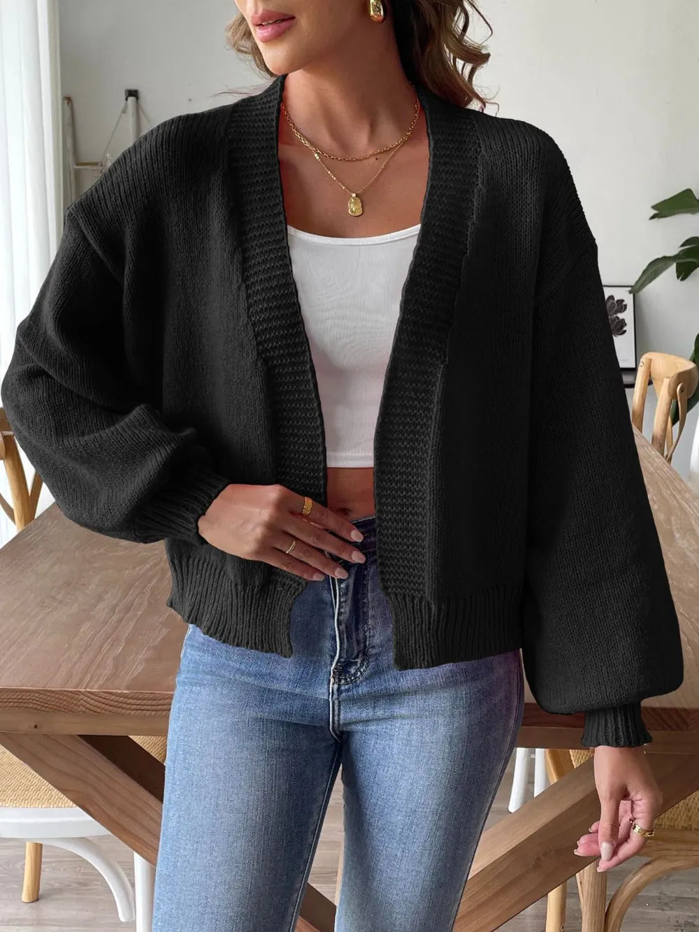 Autumn and winter lantern sleeve simple casual sweater jacket