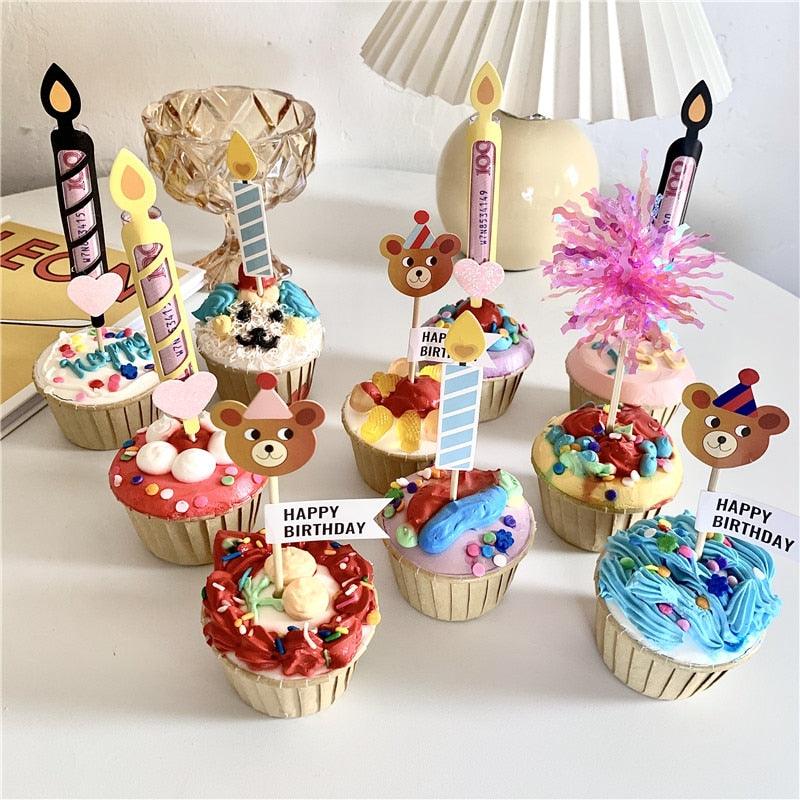 Bear Candle Birthday Cake Props Topper Card Cute Fantasy Cup Dessert Smiley  Love Bear  Table Dress Up Cake Props Party Cake Decor Supplies Toppers Birthday Cupcake Topper Various Cake Decorations for Birthday Party Photo Prop