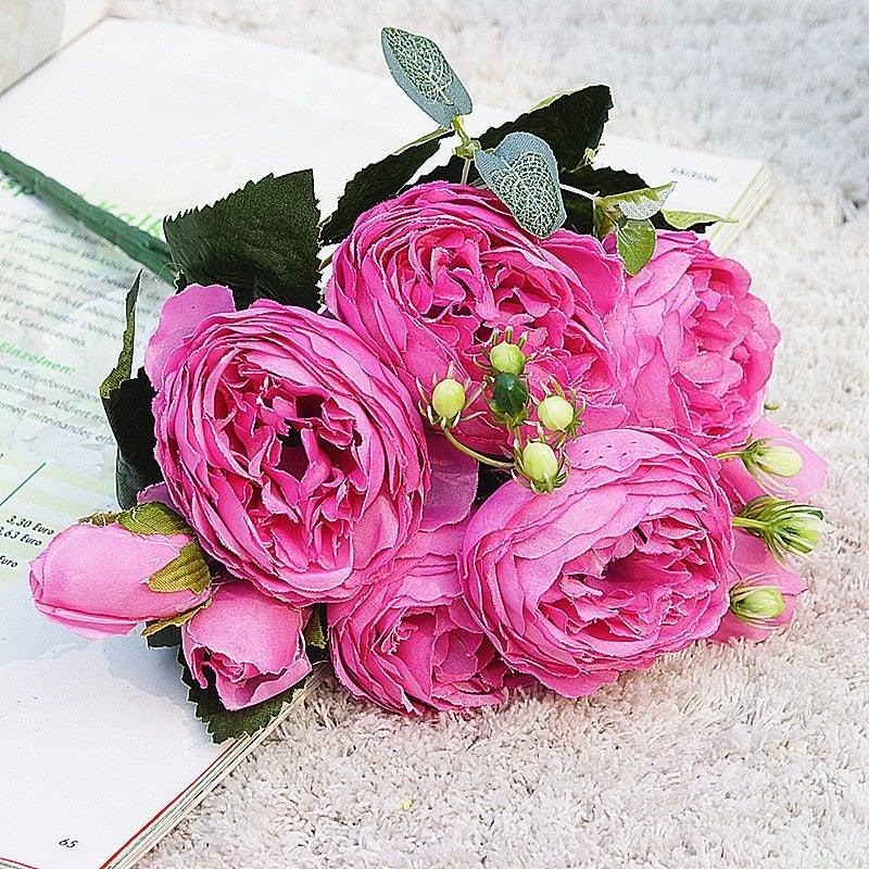 Beautiful Rose Peony Artificial Silk Eucalyptus Fake Flowers Small bouquet Flores Home Party Spring Wedding Decoration Artificial Silk Rose Flower Bouquet Lifelike Fake Rose for Wedding Home Party Decoration Event Gift
