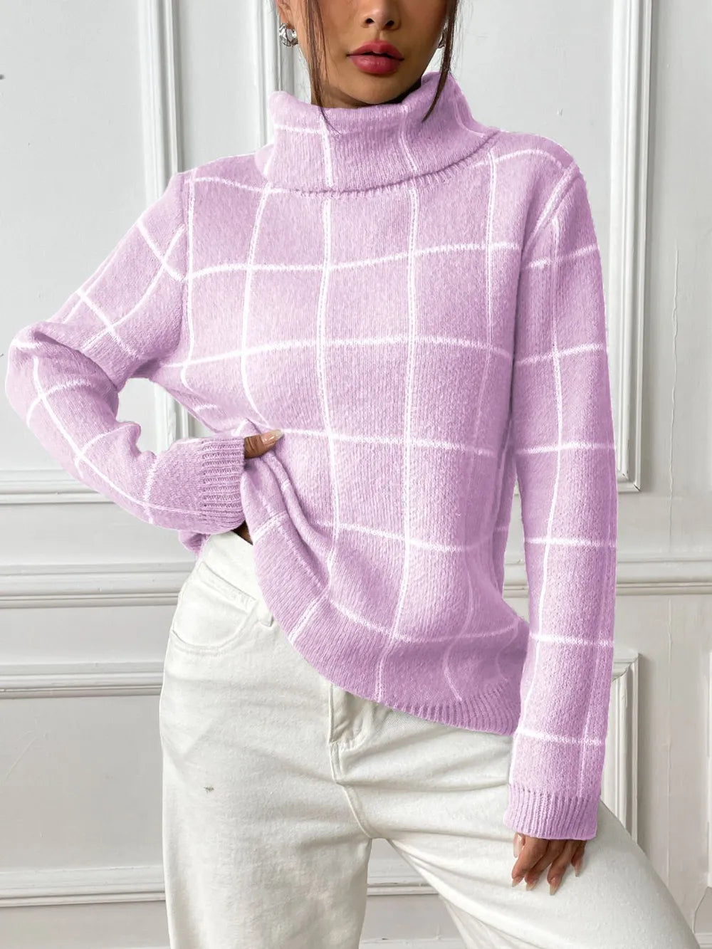 Bottom layer shirt contrasting plaid high neck sweater top