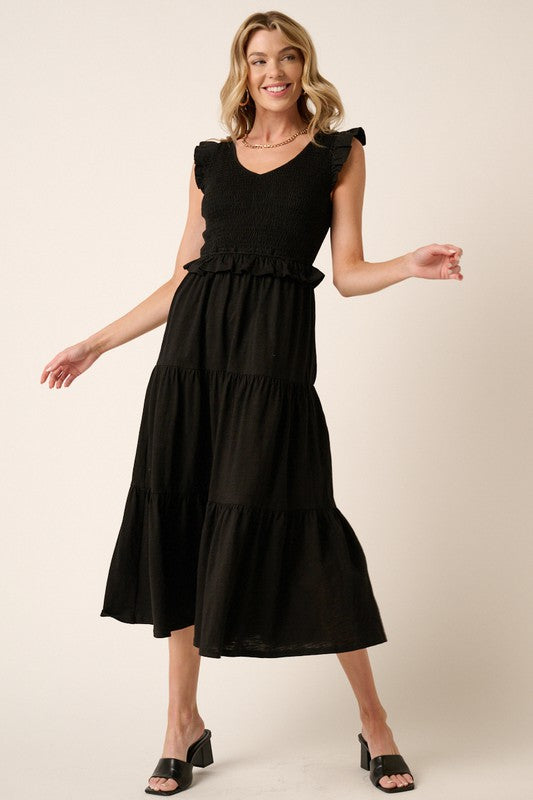 Smocked Ruffled Tiered Midi Dress – Feminine, Romantic, Flattering and Playful Design & Whimsical Style