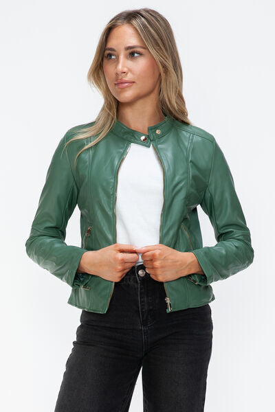 Women Classic Snobbish Faux Leather Zip-Up Drawstring Hooded Jacket Edgy & Casual PU Leather Jacket For Streetwear