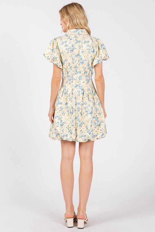 New Summer Floral Eyelet Zipper Front Puff Sleeve Mini Dress For Women – Elegant, Trendy and Chic Floral Eyelet Mini Dress with Puff Sleeves