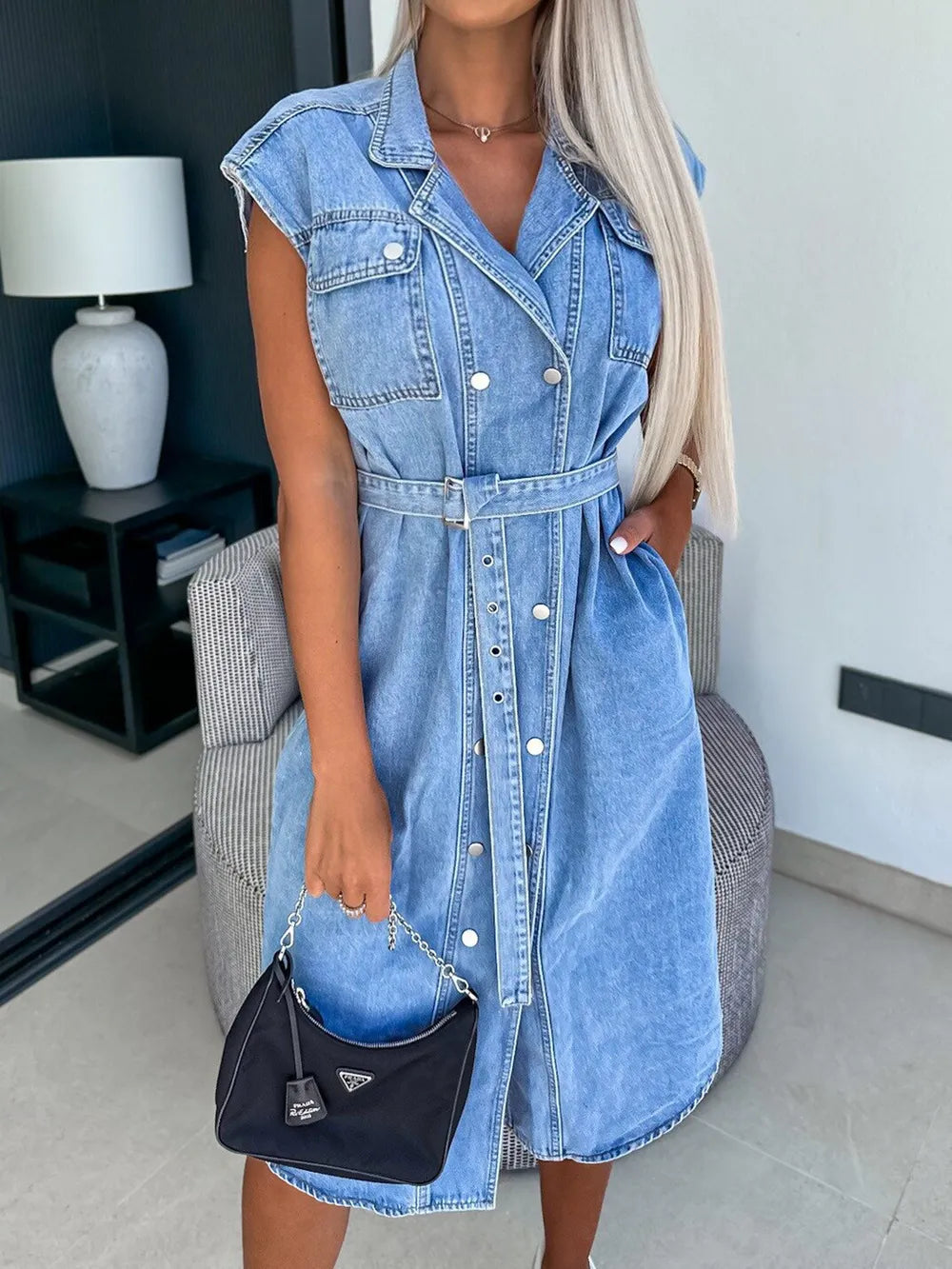 Casual collar sleeveless nail buckle open chest waist cinching lace up denim dress