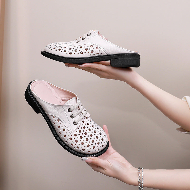 Cave shoes real leather flat heel thick sole hollowed out sandals women's slippers round toe