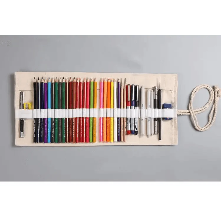 Colorful Roll Up Pencil Case Canvas Flowers Style Colored Pencils Wrap Multi-Purpose Pen Holder Cute Case