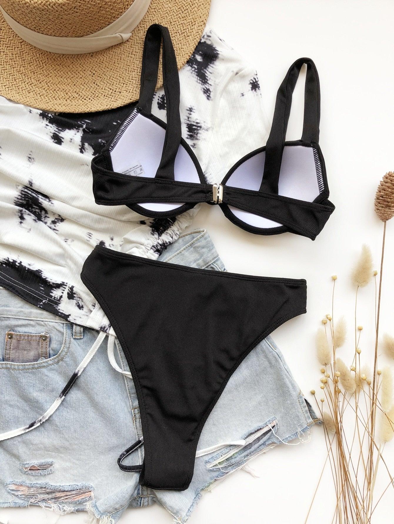 Cute Women Swimwear Pure Color Bikinis Swimsuit Women High Waist String Solid Color 2 Piece Bathing Suits Summer High Cut Push Up Bathing Suit High Waist Beach Wear Breathable Bikini