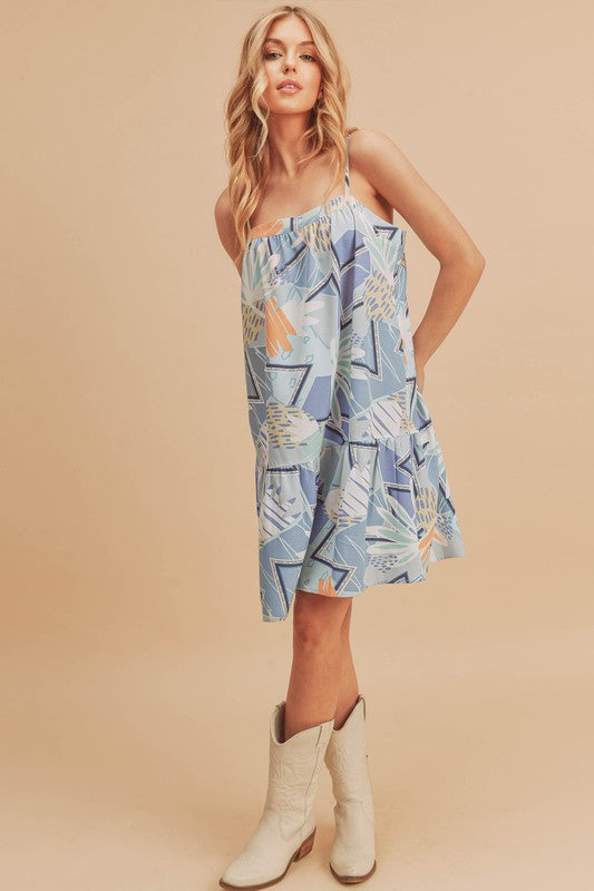 New Summer Printed Ruffled Hem Square Neck Mini Cami Dress For Women – Stylish and Chic Square Neck Mini Dress with Feminine Ruffled Hem
