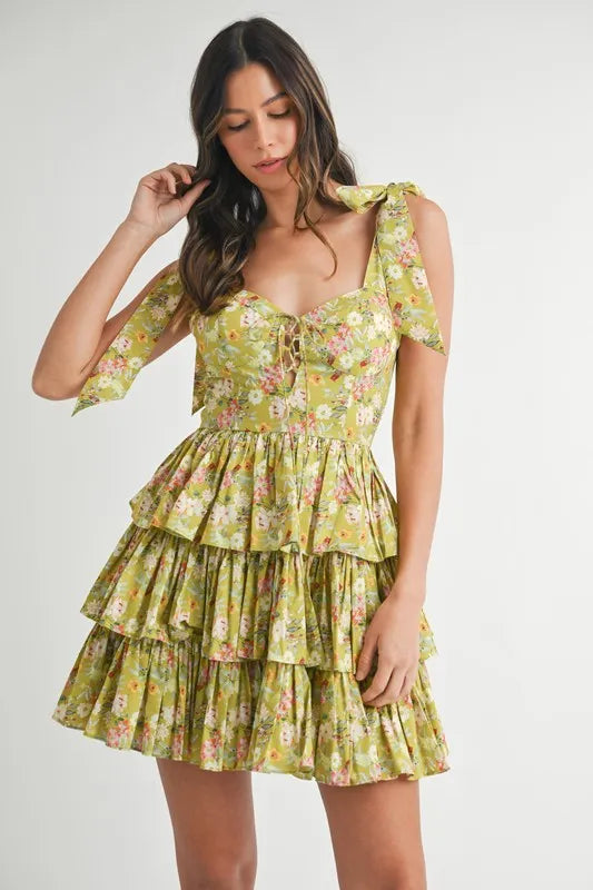 Floral Print Shoulder Tie Layered Mini Dress For Women – Fresh Floral Design, Fluttering Adjustable Shoulder Tie, Layered Mini Dress, Trendy Summer Outfit