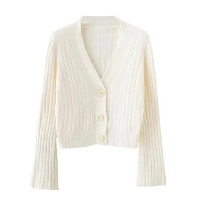 Elegance Cardigan Autumn Long Flare Sleeve Short Sweater Women Ribbed Knitted Cotton Tops Black White Ladies Soft Outwear Female