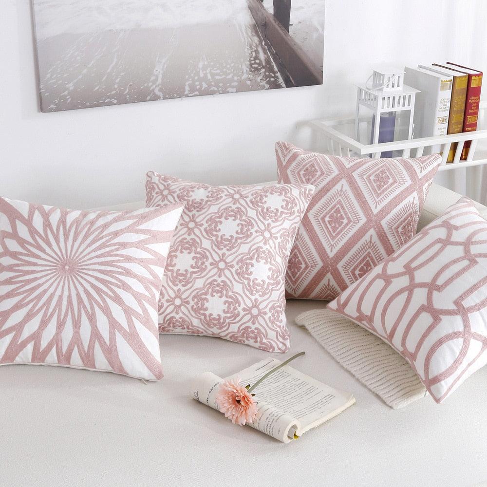 Embroidered Geometric Pillow Cover 100% Cotton Woolen Cushion Cover Modern Nordic Style Pink Blue Pillow Cover For Home Decor Embroidery Cushion Cover Decorative Throw Pillow Cover Geometric Invisible Pillow Cover for Living Room 45X45CM