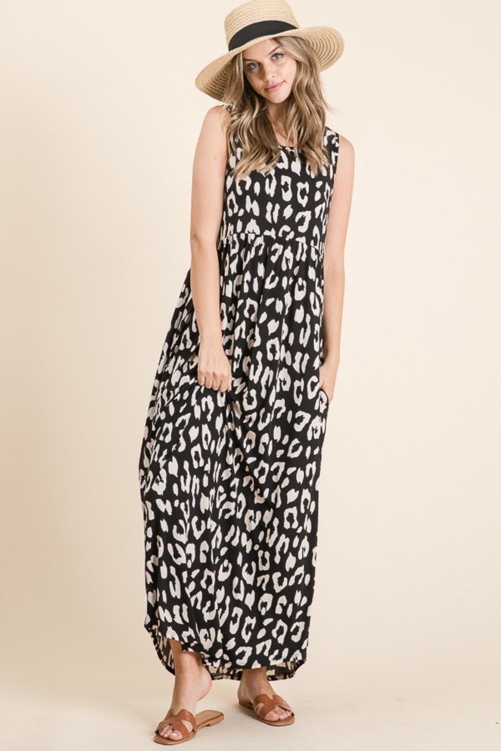 Leopard Maxi Dress with Pockets – Trendy Leopard Print Dress, Pocketed Maxi Dress, Shirred Waist Dress, Comfortable Leopard Dress, Stylish Maxi Dress, Chic Animal Print Dress, Casual Chic Maxi Dress