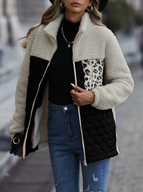 Unique Autumn Leopard Color Block Zip-Up Jacket Trendy Lightweight Jacket with Pockets Charming Winter Jacket