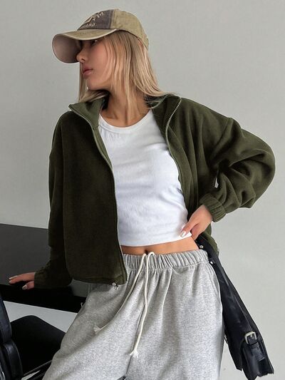 Stylish Zip-Up Long Sleeve Cropped Jacket Trendy & Lightweight Outerwear for a Chic Look