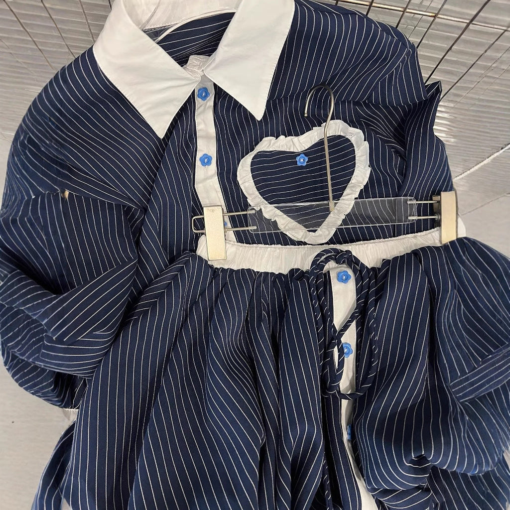 Fashion contrasting polo collar heart striped shirt top women's spring floral bud fluffy half skirt two-piece set