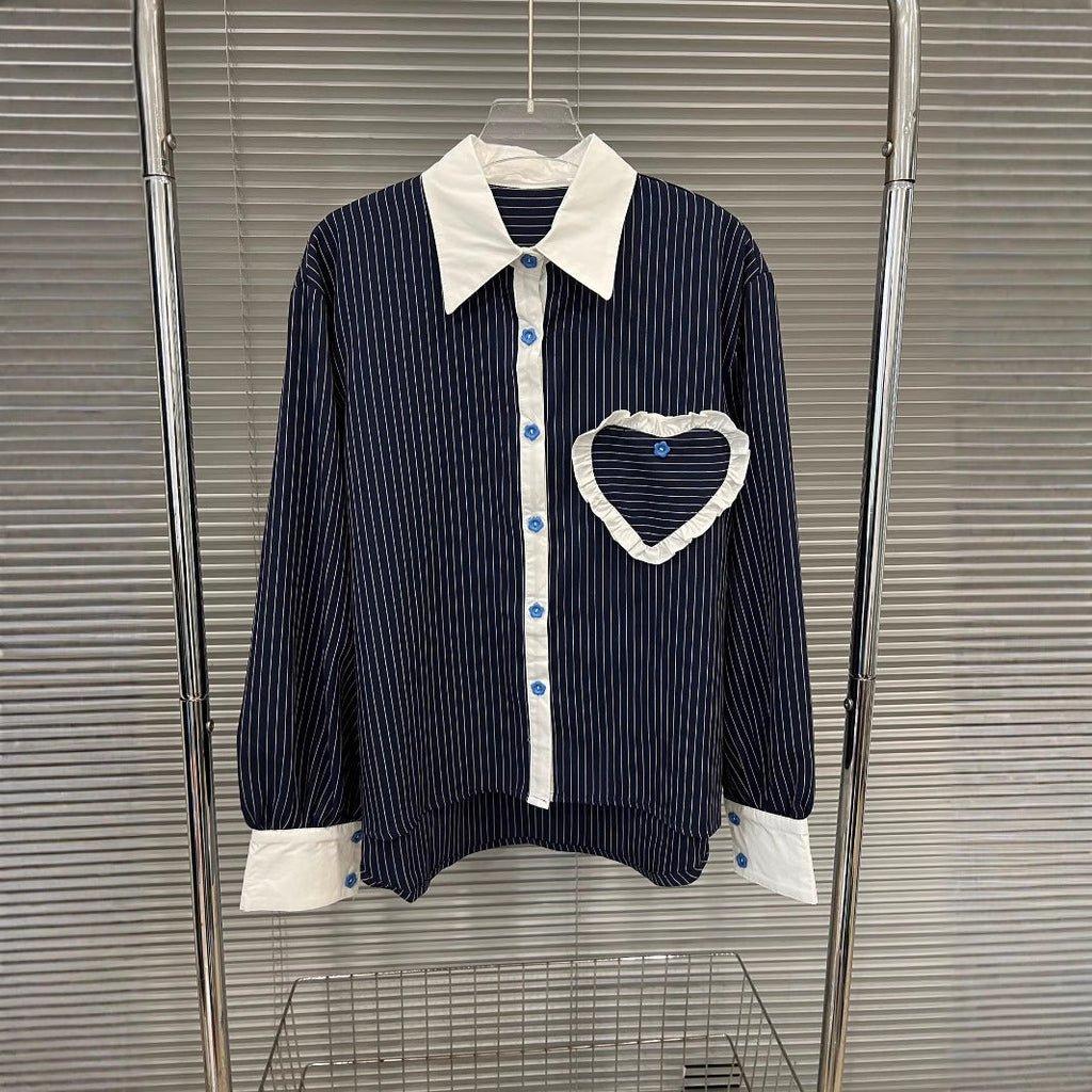 Fashion contrasting polo collar heart striped shirt top women's spring floral bud fluffy half skirt two-piece set